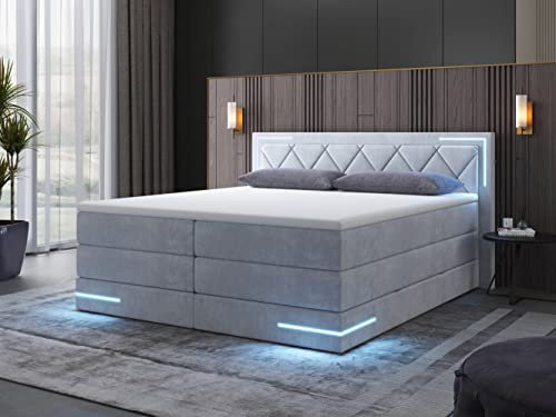 wonello Boxspringbett 180x200 mit Bettkasten und LED-Beleuchtung - gemütliches Bett mit LED Beleuchtung - Stauraumbett 180 x 200 cm mit Matratze und Topper - hellgrau Samt-Stoff