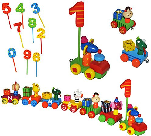 alles-meine.de GmbH großes Set Geburtstagszug - lustige Tiere - incl. Name - mit Zahlen 0 bis 9 - Lok Eisenbahn - aus Holz - Zahl für Kerzen Kinder - Kindergeburtstag - Holzz..