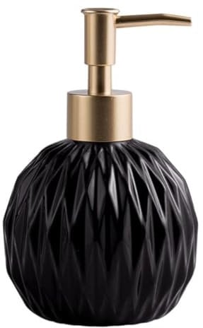 Ceramics Gold Soap Dispenser for Bathroom, Round Soap Dispenser with Delicate Embossed Rhombus Design (Black)