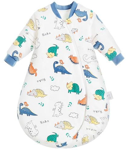 MIKAFEN Baby Schlafsack Winter 3,5 Tog mit abnehmbaren Ärmeln, Schlafsack aus 100% Baumwolle mit Armen, Grüner Dinosaurier 68-80cm/6-14 Monate