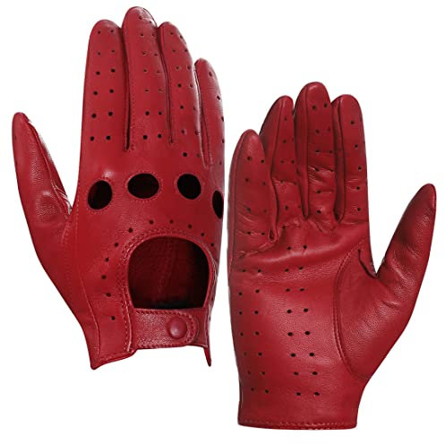 Harssidanzar Damen Lederfahrhandschuhe Autofahrhandschuhe dünnes Lammfell Sommer Lederfahrhandschuhe ungefüttert Damen Lederhandschuhe GL009EUA, Rot, Größe L