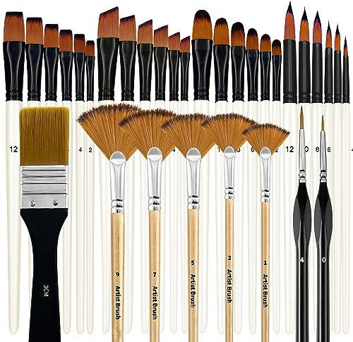 Bougimal Pinselset Acrylfarben, 32 Acryl Pinsel Set, Künstlerpinsel mit rund, eckig, flach, Fan Pinsel Set für Künstler und Anfänger zum Malen(Weiß)