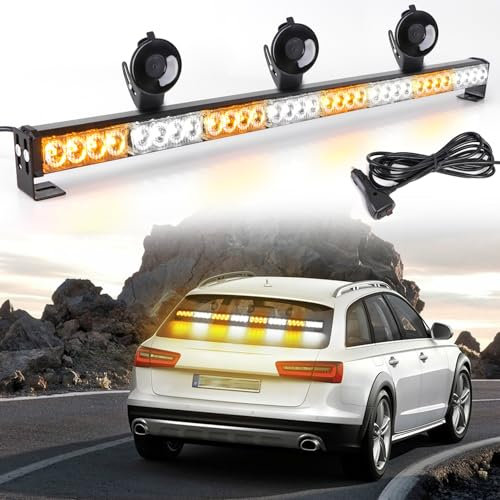 ROUTEKING 35.5 inch Barre Lumineuse Stroboscopique - 32 LED Gyrophare LED Stroboscopique Lamp, Haute intensité d'Urgent Avertissement Barre Led pour Camion Véhicule Tracteur Car Bus (Ambre/Blanc)