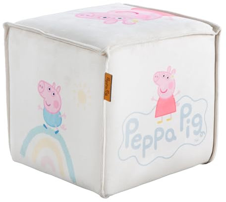 roba Pouf Cube en Velours pour Chambre Enfant Peppa Pig - Solide et Doux - Tabouret Carré - Assise Stable dès 18 Mois - Facile à Nettoyer - Beige / Motif Truie et Cochon