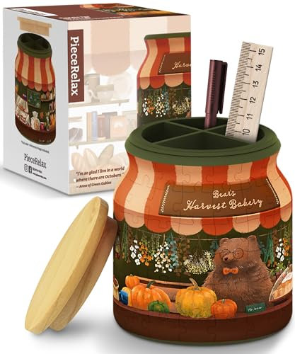 PieceRelax 3D Puzzle Deko-Behälter – Bear's Harvest Bakery | 96 Kunststoffteile & Holzdeckel | DIY-Stiftehalter & Aufbewahrung | Kreatives Geschenk für Zuhause & Büro [BB1038]