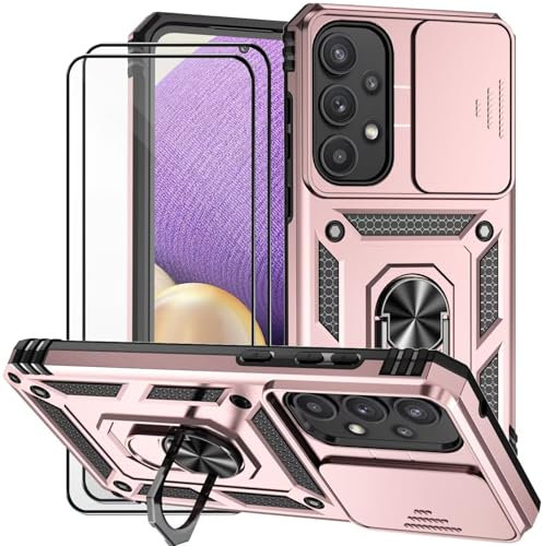 Dechyi Cover per Samsung galaxy A35 5G con Vetro Temperato Custodia con Scorrevole Protezione Fotocamera Custodia Rotante Anello Supporto Antiurto TPU Bumper Custodie-Rosa