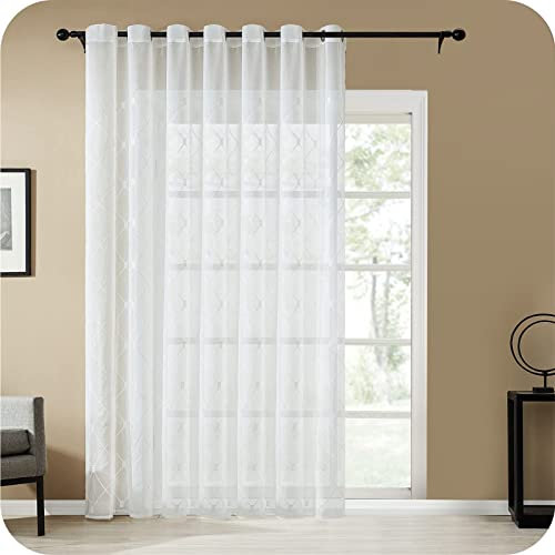 Topfinel Gardine mit Ösen Voile Karierte Vorhänge Weiß Gardinen Wohnzimmer Balkontür Vorhang 260 cm Lang Bestickte Dekorative Terrassentür Vorhang Schlafzimmer 1 Stück, B300 x H260 cm