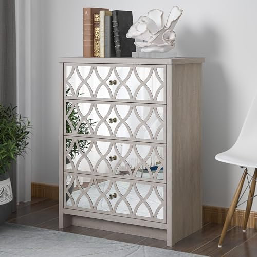 Galano Ilse Kommode mit 4 Schubladen – Moderner Schrank mit Schubladen aus Acrylspiegel – Organizer und Aufbewahrung für das Schlafzimmer – Staubgraue Eiche