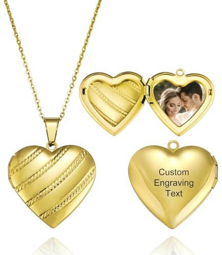 MeMeDIY Personalisiert Medaillon Kette mit Bild Damen Herz Medaillon Zum Öffnen Kette Halskette Gold/Silber/Rosegold Gravierte Gedenk Anhänger Halskette Schmuck Geschenke für Frauen -B2
