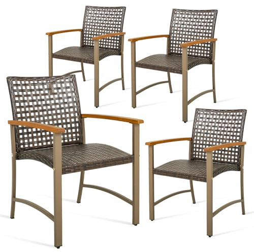 LIFEZEAL Gartenstuhl 4er Set, Balkonstuhl aus PE-Rattan, Esszimmerstuhl Outdoor mit Armlehnen aus Akazienholz, Rattanstuhl Set mit Metallrahmen, Belastung 180 kg, Möbel für Terrasse, Balkon, Hof