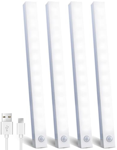 KALAHOL Under Cabinet Lights 4 Pack with 4 Modes, USB Motion Sensor Cupboard Light, USB Type-C, Stepless Dimming, with Magnetic Sticker, for Kitchen Wardrobe Bedroom Stairs (30CM, Cold White)