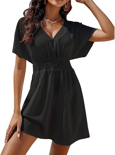 KOEMCY Damen Kleid Lässig Sommerkleid Taille Kleider Bikini Cover Up V-Ausschnitt Rüschen Strandkleid Kurzarm Strandkleider Minikleid (Schwarz,L)