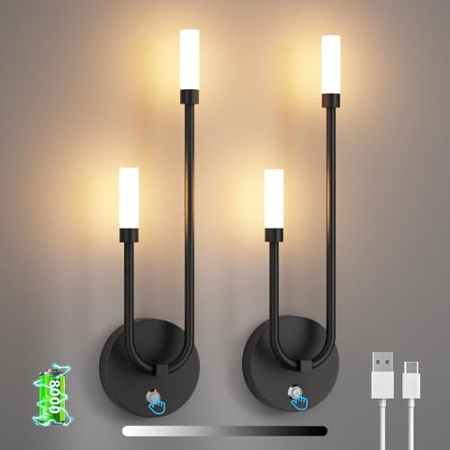 Aipsun 2 Stück LED Wandleuchte Innen,8000mAh, 8W akku wandleuchte innen ohne stromanschluss dimmbar schwarz, 550LM 3000K Touch,für Treppe, Schlafzimmer,Wohnzimmer Schminktisch kabellose wandleuchten