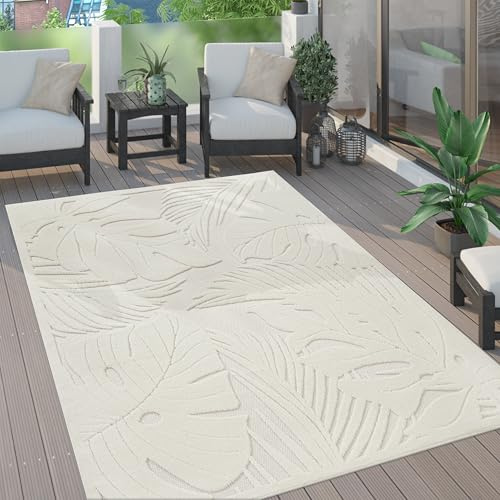 Paco Home Outdoor Teppich wetterfest & langlebig Moderne Boho-Designs mit 3D-Effekt Skandi-Look UV-beständig & robust für Balkon, Garten, Wohnzimmer & Küche, Grösse:140x200 cm, Farbe:Creme 5