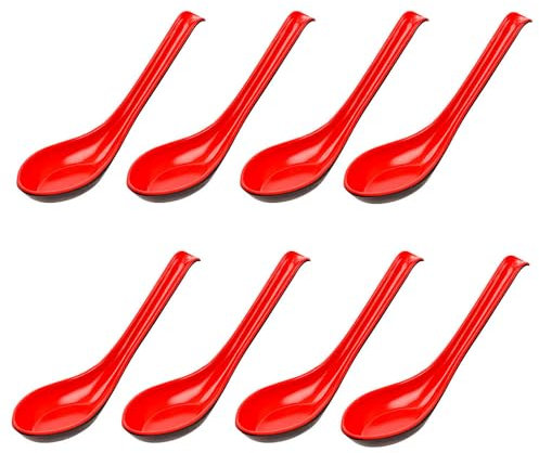 Rice Spoons Ramen Noodle Soup Ladle Red Soup Spoons Serving Spoons Chinese Won Ton Soup Spoon Asian Plain Style Soup Spoons (8, Red/Black)