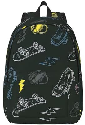 WURTON Großer Rucksack mit Graffiti-Skateboard-Druck, lässiger Laptop-Rucksack, Computer-Tasche, Reise-Tagesrucksack für Damen und Herren, Schwarz, Medium