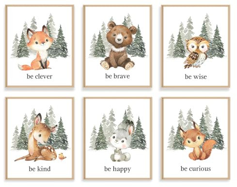 Dazzlewall Lot de 6 Affiches d'art Mural sur Les Animaux de la Chambre d'Enfants, Impression d'une Forêt de Cerfs, d'Ours et de Renards, Poster de Motivation pour Chambre de Bébé 20x25 cm Sans Cadre