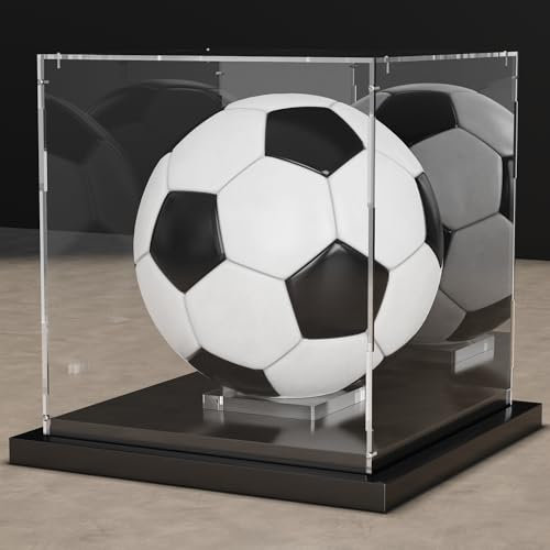 Putros Fußball-Vitrine mit Spiegel und schwarzem Metallsockel, Acryl-Fußball-Etui mit transparentem, abnehmbarem integriertem Fußballständer