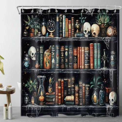 LB Retro Bücherregal Duschvorhang 180x200cm(BxH) Hexenhafte magische Bücher Gothic Schädel Antischimmel Wasserdicht Badezimmer Vorhänge,Grüne Pflanze Extra Lange Polyester Stoff Bad Vorhang mit Haken