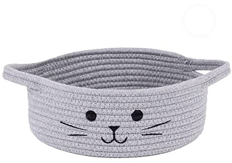 Small Woven Rope Storage Basket, Cute Cat Basket for Living Room, Gift Basket Empty for Decor, Basket for Shelves, Grey, 25 x 10 cm