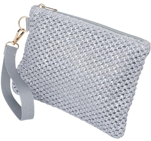 CREATCABIN Silver Straw Woven Cosmetic Pouch Bohemian Beach Straw Purses Portable Vacation Travel Storage Clutch Bags for Outdoor Camping Toiletry Makeup Tools Organiser Hawaii Zipper Handbags 8.3x6in