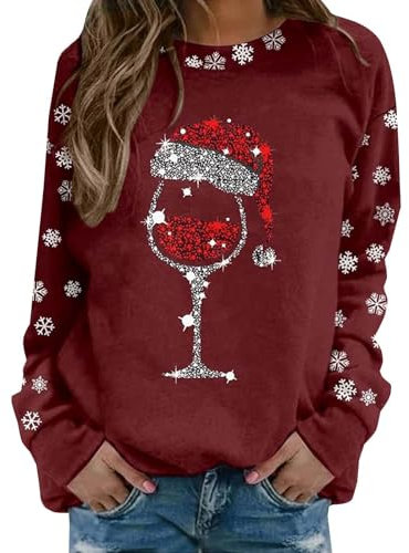 Langlaufski Set Damen für Damen, Rundhalsausschnitt, Rotweinglas-Aufdruck, Pullover-Shirts, leichte, locker sitzende Blusenoberteile Damen Pullover Kragen (Red, S)