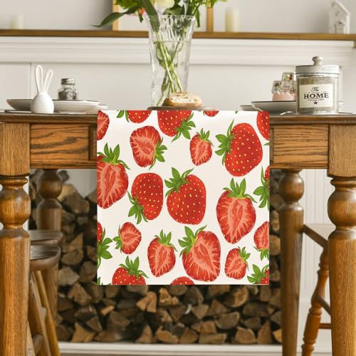 FANSU Tischläufer, Herbst Dekoration, Leinen Tischdecke, Erdbeeredruck Tischdeko, Tischläufer Modern für Party, Kaffee, Esszimmer, Kommode (33x180cm,Erdbeere 1)
