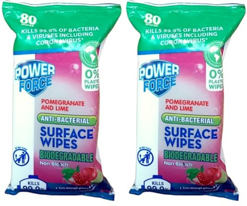 2x POWER FORCE | Anti-bacterial Surface Wipes - Pomegranate & Lime - 80 Wipes | Biodegradeable | Non Bleach [Two Pack] [Limited Edition]