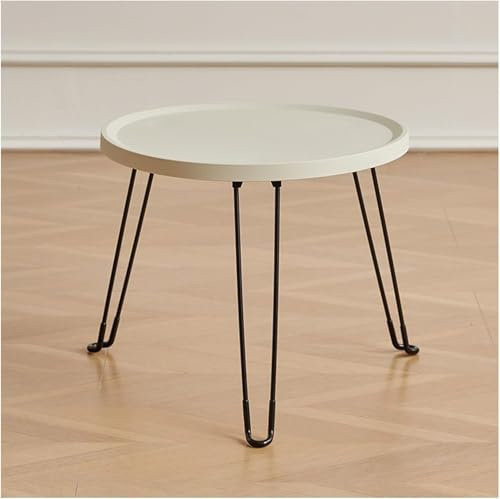 Kleiner niedriger Beistelltisch, moderner Sofa-Beistelltisch, runde Tischplatte aus Kunststoff, Couchtisch für Schlafzimmer, Wohnzimmer, 3 Metallbeine, weiß, 46 x 39 cm