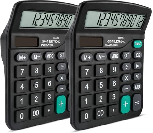 2 Pieza Calculadora Basica, Potencia Solar y batería, Calculadora Oficina, Calculadora Básica con Pantalla LCD de 12 Dígitos, Botones Grandes, Función Estándar para Oficina, Hogar y Escuela, Negro