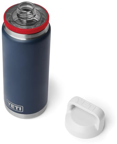 YETI Rambler 26 oz Bottle, Leakproof, Vacuum Insulated, Stainless Steel with Chug Cap, Navy/Rescue Red/White