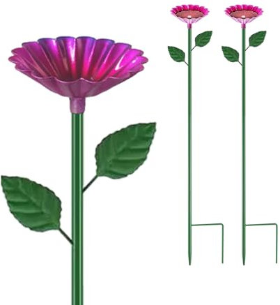 2Pcs Metal Bee Watering Station, Flower Shaped Bee Feeder with Ground Spike for Outdoor Garden Yard Decor (Rose red)
