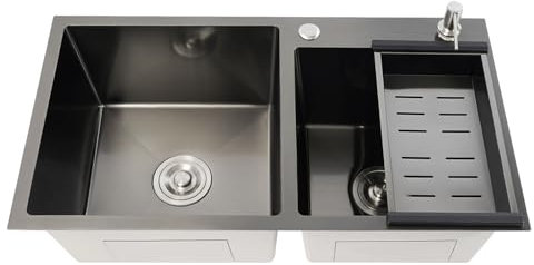 POTYYH Fregadero de cocina 78 x 43 cm, acero inoxidable, empotrable, doble fregadero con escurridor y dispensador de jabón, acero inoxidable, 2 cuencas