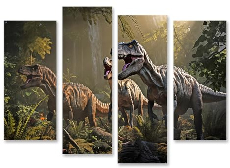 islandburner Bild auf Leinwand Drei Dinosaurier im Dschungel auf der Jagd nach Beute im Morgengrauen Bilder Wandbilder Poster