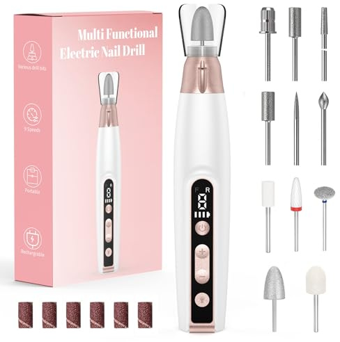 Kabellos Tragbar Nagelfräser, Elektrische Nagelfeile 11 in 1 Fräser Nägel Professionell Nail Drill bis zu 10000 U/min, 9 Geschwindigkeitsstufen einstellbar, Nagelfeile Fräser für Gelnägel Acrylnäge