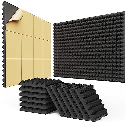 NONDK 24PCS Self-Adhesive Sound Proof Foam Panels Soundproof Wall Panels 2x12x12In,Fast Expand Acoustic Panels, Pyramid Design Soundproof Wall Panels
