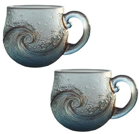 2 Pack Sea Glass Wave Mug, 12 Oz Glass Mugs with Handle, Textured Beach Theme Mugs for Tea, Sunset Sea Coffee Mug Cup with Textured Wave Design, Beach Drinkware for Coastal Decor Lovers