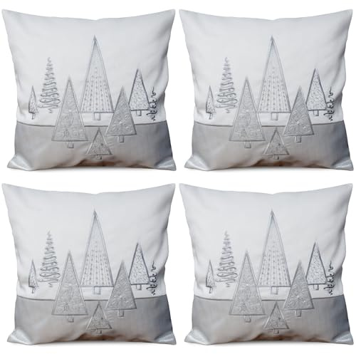matches21 HOME & HOBBY Kissenbezug 40x40 cm Weihnachten weiß mit Tannenbaum Silber - 4er Set Kissenhüllen als Weihnachtsdeko