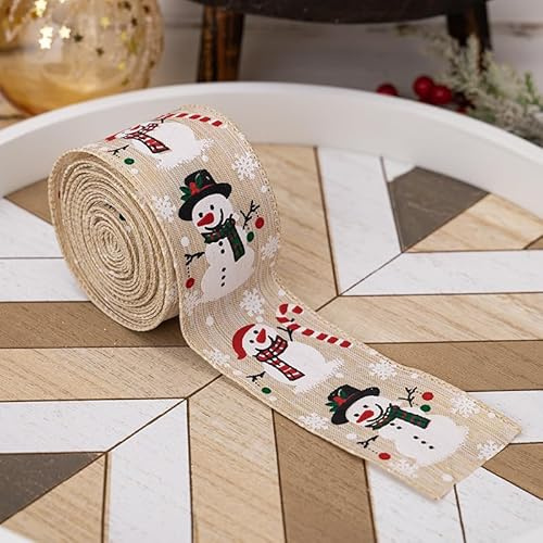 Geschenkband Weihnachten,13.6m Schleifenband Weihnachten Stoff, Weihnachtsband mit Schneemann Muster, Geschenkbänder, Geschenk Band Satinband für DIY Weihnachtsdeko Basteln (Heidekraut)