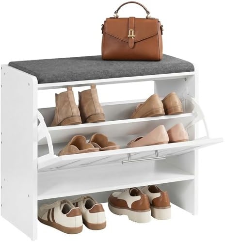 HOOBRO Schuhschrank, Schuhregal mit gepolsterter Sitzbank, Schuhkipper für 9 Paar Schuhe, Klappfach mit verstellbarem Einlegeboden, 60 x 30 x 55 cm, für Flur, Schlafzimmer, Wohnzimmer, Weiß EWG15HX01