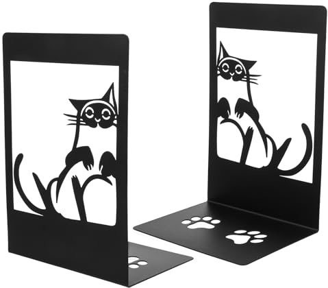 VICASKY Lot de 2 Serrage-Livres Décoratifs pour Étagères Motif Chat en Métal Noir, Supports Robustes pour Livres Lourds, Organisation Bureau et Salon, Porte-Livres Pratiques et Originaux