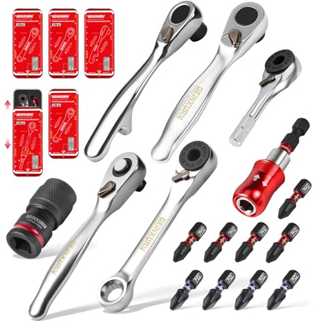 Geinxurn 5 Cases Mini Ratchet Wrench Set, 72 Teeth 1/4 inch Ratchet Wrench For Tight Space, with Magnetic Impact Bit Holder, PH2 PZ2 Driver Bits and Socket Adapter All in Slide Cases, Ideal for Repair