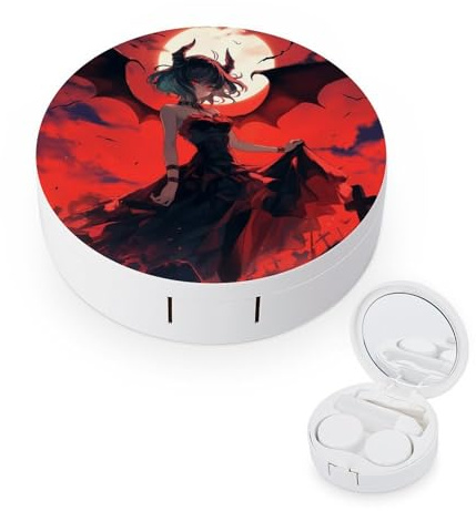 pmoyh Anime Girl Red Contact Lens Case with Mirror Contact Lens Holder Box Container Soak Storage Kit 8x8cm