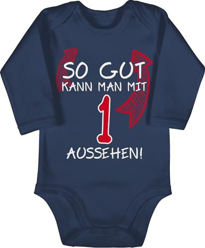 Baby Body langarm Mädchen Junge - 1. Geburtstag - So gut kann man mit eins aussehen - 12/18 Monate - Navy Blau - one year outfit 1 jahr 1ter strampler geburtstags einjährige ersten babybody
