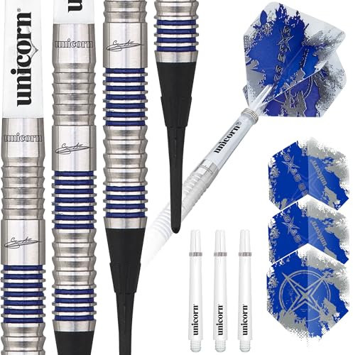 Unicorn Soft Tip Darts Set | Gary 'The Flying Scotsman' Anderson Silver Star | 80% Natural Tungsten Barrels with Blue Accents | 18 g