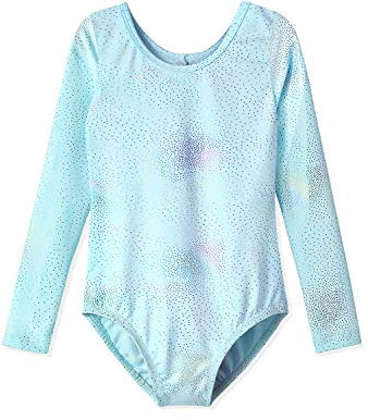 Gymnastikanzug für Mädchen, Ballett, Gymnastik, einteilig, glänzende Strasssteine, Vogue Langarm + Aqua, 100(2-3Y)