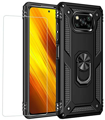 Joytag kompatibel für Xiaomi Poco X3 NFC Hülle，handyHülle+ panzerglasfolie Silikon TPU 360 Grad Drehring aus Halter magnetisch Autotelefon case-Schwarz