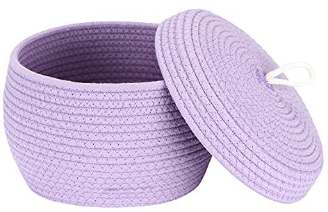 Sea Team Round Cotton Rope Storage Basket with Lid, Decorative Woven Storage Bin, Pot, Caddy, Organizer, Container for Snacks, Towels, Plants, 10 x 7.5 Inches (Small, Lavender)