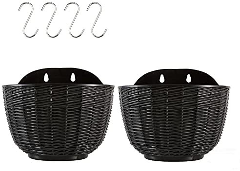 Koomuao 2er Set Hängetopf aus Kunststoff,Blumentöpfe zum Aufhängen mit S-Haken Hängende Geländer Blumentöpfe für Drinnen,Draußen,Gärten,Zäune (Schwarz, Groß)
