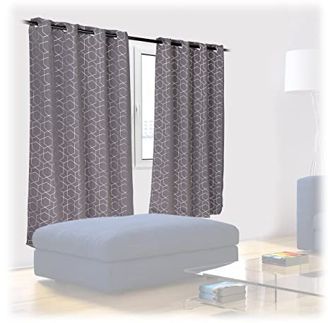 Relaxdays 2 x Vorhang, HxB 175x135 cm, Ösenvorhang Blickdicht, lichtundurchlässig, Verdunkelungsvorhänge mit Muster, grau-Silber